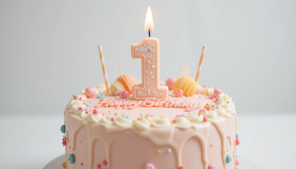 Happy birthday cake with soft pastel frosting and cute decorations, large candle shaped like number 1 on top, white background, sweet and adorable style