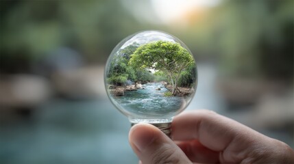 A hand holding a crystal ball reflecting a vibrant river scene with lush greenery.