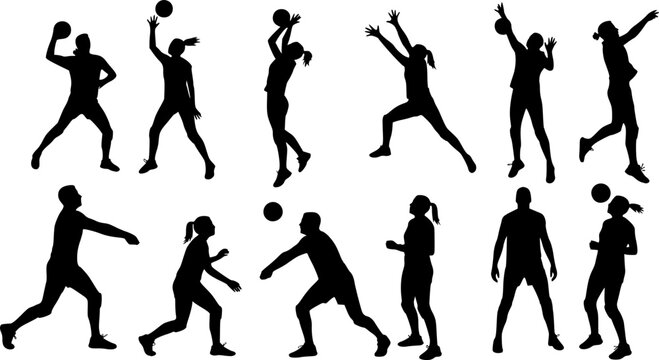 Group of volleyball players, men and women playing volleyball, set of isolated vector silhouettes