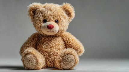 Obraz premium Soft teddy bear sits, light gray backdrop