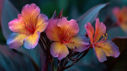 Three flowers with a mix of colors are in a garden. The flowers are in a vase and are surrounded by green leaves. The flowers are in a blue and purple color scheme