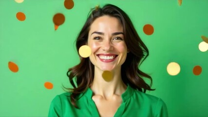 Joyful woman face on green screen with confetti for good news, announcements and discounts in studio. Excited, happy and smiling girl portrait.
