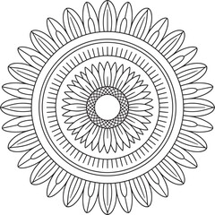 Intricate black outline mandala with floral petal design pattern circular
