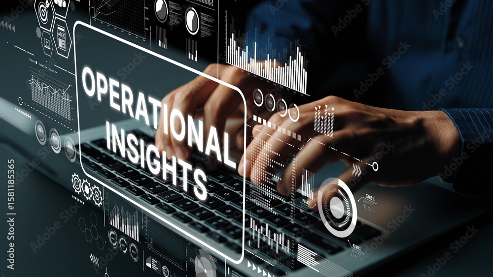 Poster hands typing on laptop with data visualization graphics for operational insights and business decisi