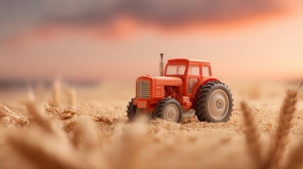 Fototapeta premium A miniature red tractor resting on soft soil during sunset, symbolizing agriculture.
