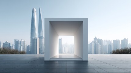 A modern architectural structure contrasting with a city skyline.