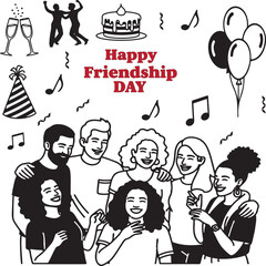 Friendship Day vector (First Sunday of August) – smiling friends, gift exchange, cake, balloons, music, caps, wine cups, love and joy celebration, festive party vibes for cards, decor, and prints.
