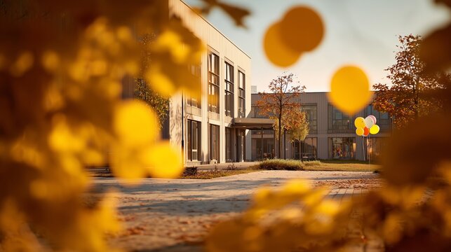 Contemporary school facade framed by vibrant yellow autumn leaves. Yellow balloons decorate the entrance, suggesting a festive event or first day of school.