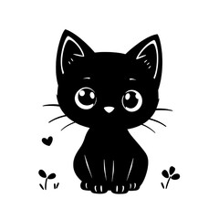 Obraz premium silhouette of cute cartoon kitten with big eyes and flowers on transparent background