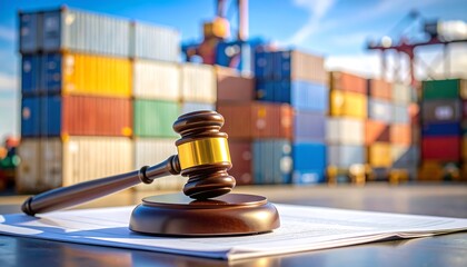 Gavel on legal documents at port