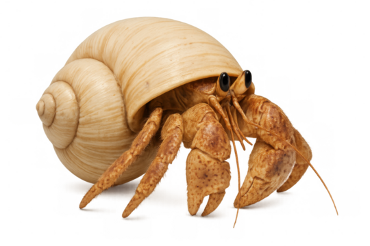 Hermit crab transporting protective shell, displaying intricate anatomy during studio photography against transparent backdrop