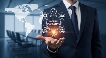 Mobile Marketing Strategy Hand Holding Global Digital Network Concept for Business Growth, Connection, and Technology Solutions in the Modern World