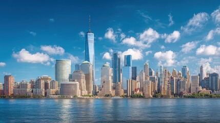 Obraz premium Scenic view of downtown Manhattan skyline from the water with the Freedom Tower in the center under a clear blue sky with white clouds, cityscape, skyline, downtown