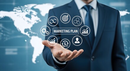 Strategic Marketing Plan Hand Holding Digital Business Icons for Growth and Global Success – Charting the Course for Business Innovation