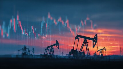 Rise in gasoline prices concept with double exposure of digital screen with financial chart graphs and oil pumps on a field, no logos, no brands