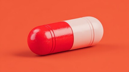 Red and white capsule on a vibrant orange background, symbolizing medicine and health.