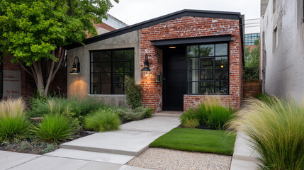 Modern industrial style front yard exterior with concrete walls, metal details, and minimalist garden for stylish home design inspiration.