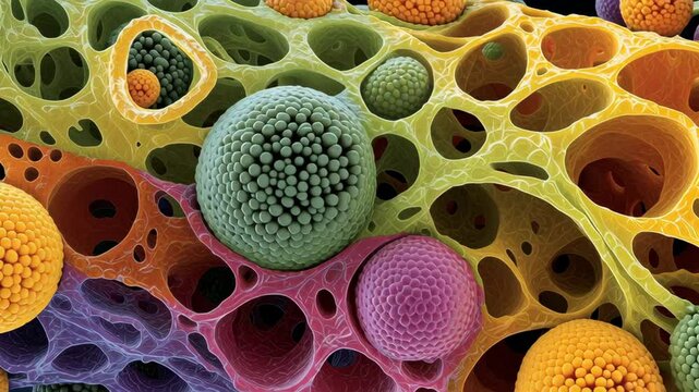 Vibrant cross section of tissue with nanosensors embedded intricate cellular structures, showcasing advanced biological research through microscopy