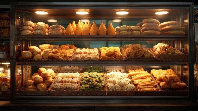 A bakery display case filled with assorted savory snacks like coxinhas, risoles, and esfihas, warmly lit and organized in rows.