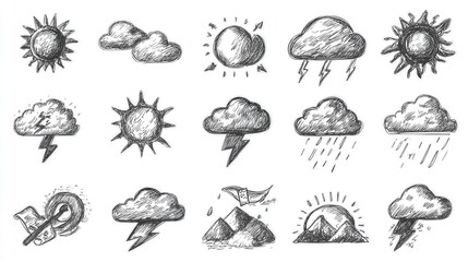 Obraz premium Weather sketch icon set for web, mobile and infographics. Hand drawn weather icon set. Weather vector icon set. Weather icon set isolated on white background., no logos, no brands