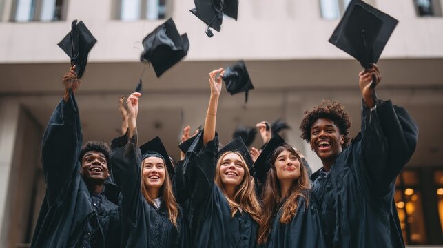 education, graduation and people concept - group of happy international students in mortar boards and bachelor gowns with diplomas celebrating success, no logos, no brands