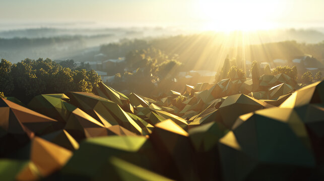Sunlight covers polygonal green hills in a low-poly art style, with distant blurry trees and fog. Yellow light beams through a hazy atmosphere, creating depth and contrast. - Powered by Adobe