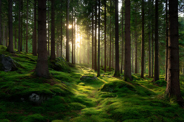 Golden Hour Sunlight Illuminating Lush Green Mossy Forest Floor Amongst Tall Dark Pine Trees image