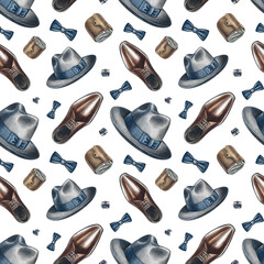 Seamless drawing on a men's theme. Men's, hats, boots, wallets, etc. Handmade watercolor illustration. For textiles, packaging and labels, wallpaper, wrapping paper, decor, and murals.