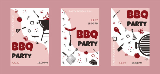 BBQ posters minimalistic collection.Grill barbecue party invintations.Outdoor cooking posters Grill, spatula,fork,sausage,sauce, tomato,rosemary,chiken leg,meat, pepper. Vector illustration. 