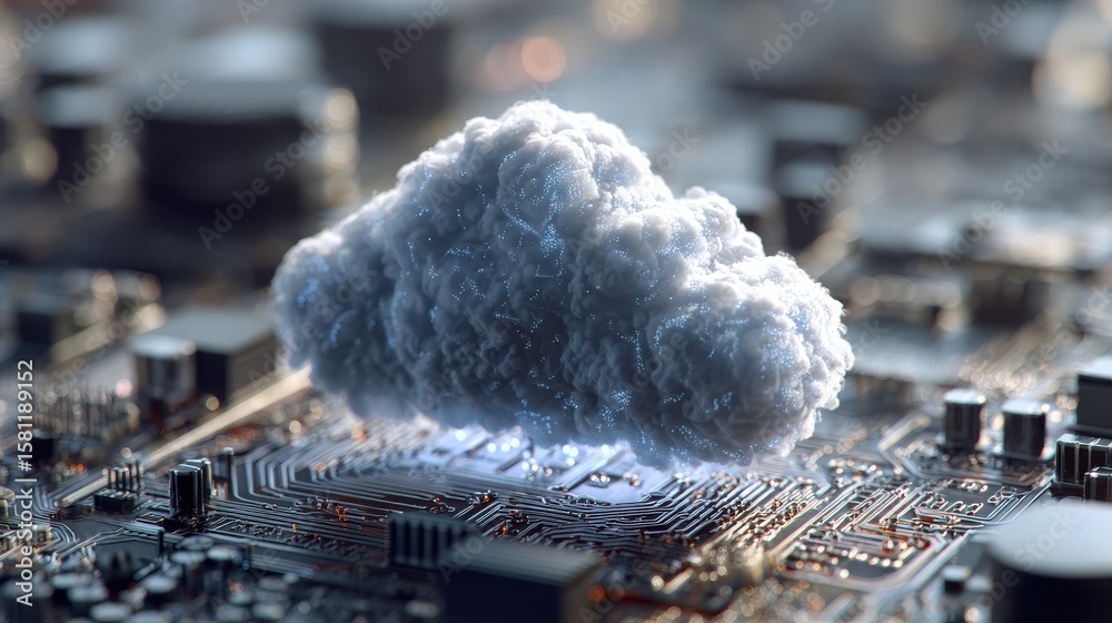 Poster cloud computing concept: abstract close-up of a digital cloud icon hovering over a complex circuit b