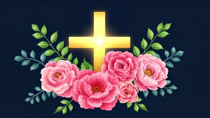 Glowing Golden Cross with Floral Arrangement on Dark Background