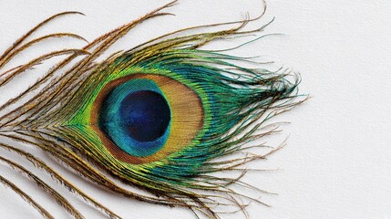 Naklejka premium Vibrant Peacock Feather on Pristine White Background with Ample Copy Space