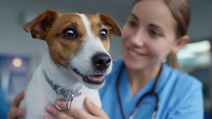 Modern veterinary clinic with soft lighting where a veterinarian gently examines a patient dog, promoting responsible pet ownership and vet services, veterinarian clinic, pet examination, Jack Russel