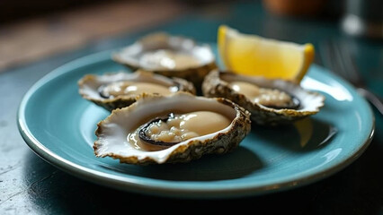 Fresh oysters on blue plate. Close up. 
