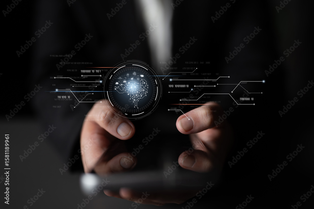 Poster ai artificial intelligence with digital brain and connected data circuit. ai core processes data, ai