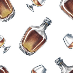 Seamless pattern with cognac, bottles, and wine glasses. Hand-drawn watercolor illustration. Suitable for bar and pub decor. For textiles, wallpapers. For wrapping paper and packaging, and more.