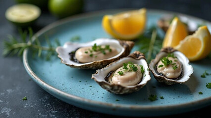 Fresh oysters on blue plate. Close up. 