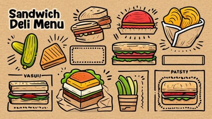 Fun sandwich deli menu layout featuring hand-drawn burgers, hot dogs, fries, and drinks on a craft paper-style background. Retro and playful. Generative AI.