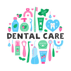Cute hand drawn flat dental care products and stomatology equipment composed in circle shape. Oral hygiene and teeth, gums care. Bathroom accessories, toiletries.