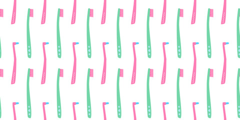 Seamless pattern with hand drawn flat toothbrushes and single tuft brushes. Oral care concept.