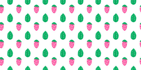 Cute seamless pattern with strawberries and mint leaves. Natural summer background with garden or forest berries. Perfect for kids clothes, giftware, womenswear, wrapping paper, etc.