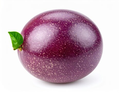 A single ripe purple passion fruit with a green leaf on a clean white background