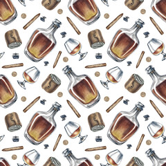 Seamless pattern on a men's theme, with cognac, wallets and cigars. Hand-drawn watercolor illustration. Great for textiles, wrapping paper and packaging, for decor of bars and pubs and much more.