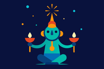 stylized character holding a diya