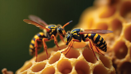 yellow beautiful honeycomb with honey and bee, background