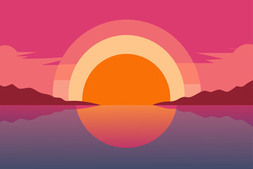 sunrise pink orange sky with reflections in lake