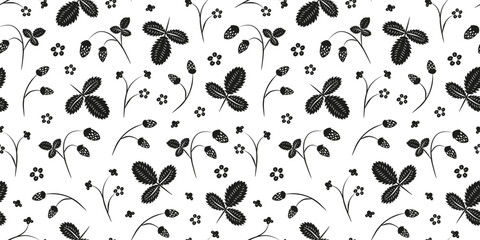 Fototapeta premium Black and white seamless pattern with wild strawberries, leaves and flowers. Natural summer background with garden or forest berries. Perfect for giftware, womenswear, wrapping paper, etc.