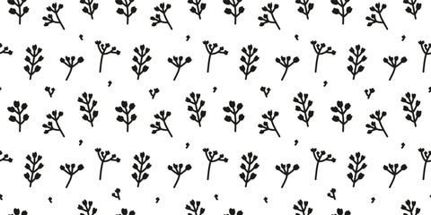 Black and white seamless pattern with petite meadow flowers. Minimalist floral summer background.