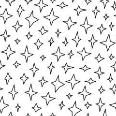 Black and white seamless pattern with outline four pointed stars.