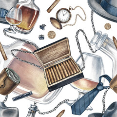 Seamless pattern on a men's theme, with the image of cognac, wallets, cigars and men's accessories. Hand-drawn watercolor illustration. For textiles, wrapping paper and packaging, for bachelor parties